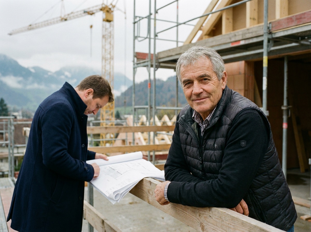 Inhaber eines Bauunternehmens auf seiner Baustelle, daneben ein Mitarbeiter der THETA-Gruppe mit Bauplänen