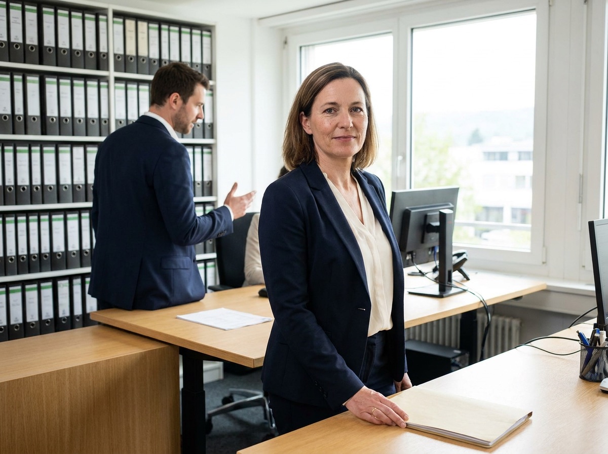 Inhaberin einer Hausverwaltung in ihrem Büro, im Hintergrund ein Mitarbeiter der THETA-Gruppe